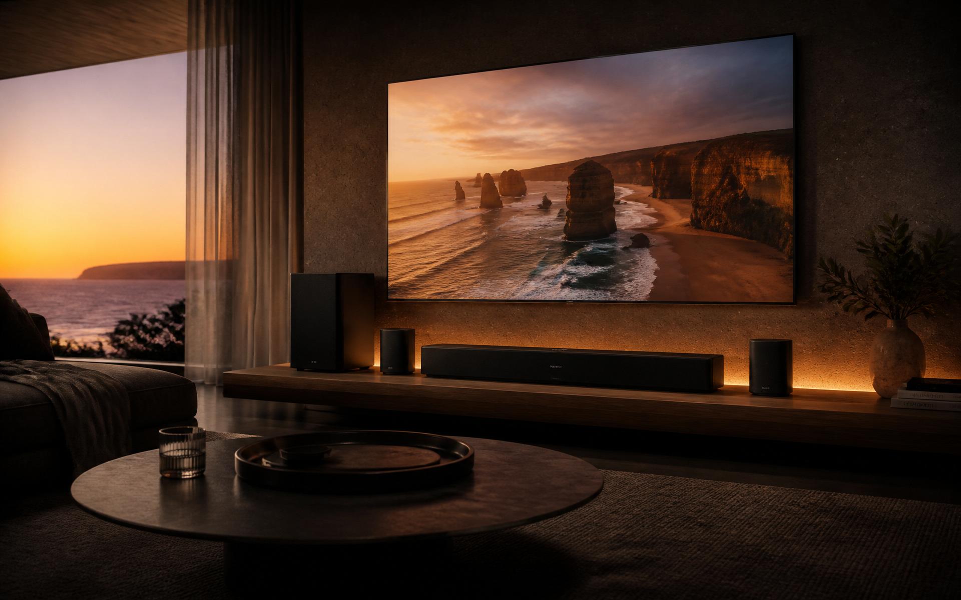 Sansui QD Mini-LED TV and sound system in a modern Australian coastal home at dusk
